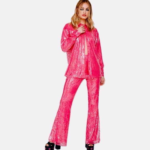 Nasty Gal Pants - Nasty Gal Kick Flare Hot Pink Sequin Disco Festival Boho Bellbottom Pants Size 0